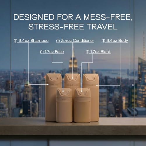 RIES Essential Refillable Toiletry Travel Bottles – Set of 5 (3.4oz & 1.7oz) Airless Pump Containers for Shampoo, Conditioner, Body, Face – Leak-Proof, TSA-Approved, Dishwasher Safe - Sand - color: Sand