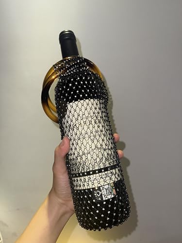 Munyee Hua Rhinestone Mesh Wine Bag Champagne Bottle Tote with Handle Reusable Gift Pouch Crystal Carrier Sparkly Bling Wedding Party Bridesmaid Gift Housewarming Holiday(Brown Handle Black Mesh) - color: Brown Handle Black Mesh