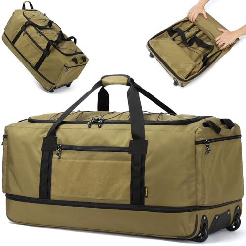 Laripwit Collapsible Duffle Bag with Wheels 130-170L Extra Large Expandable Travel Duffel Bag for Men Women Heavy Duty Military Duffle Bag for Camping Rolling Foldable Carry On Luggage, Brown - color: Brown