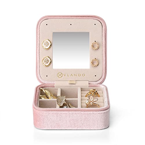 VLANDO Small Travel Jewelry Box Organizer Display Case for Rings Earrings Necklaces Storage, Selected Soft Velvet, Letter A Engraved, Pink - color: b. Powder Pink A