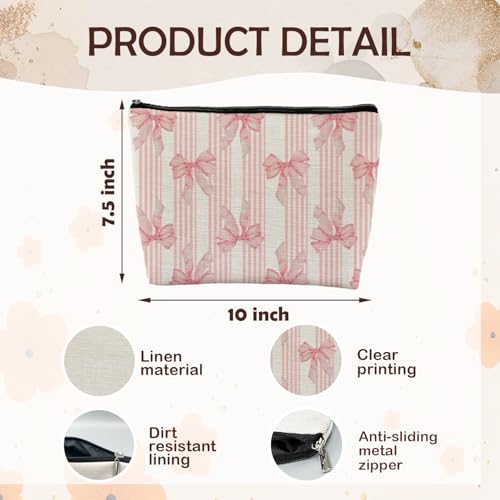 Coquette Pink Bow Makeup Bag, Coquette Gifts Supplies Cosmetic Bags for Women, Pink Preppy Striped Canvas Cheer Zipper Makeup Bag Pouches for Purse - color: Pink Bow