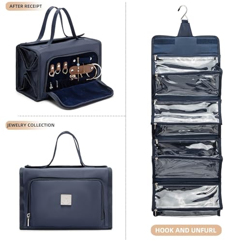 ROYALFAIR Roll Up Makeup Bag, Travel Toiletry Bag for Women with 4 Clear TSA Approved Pouches, Hanging Travel Organizer, Folding Cosmetic Bag for Men and Women (navy blue) - color: navy blue