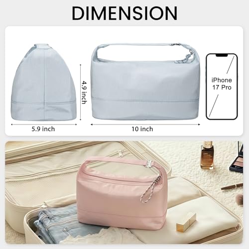 HauteHues Travel Makeup Bag for Women, Roomy Cosmetic Bag and Toiletry Bag with Wide Open Design, Soft Nylon Pouch for Makeup, Skincare, Toiletries, Gym, Carry-On and Weekend Trips, Gray Blue - color: Blue