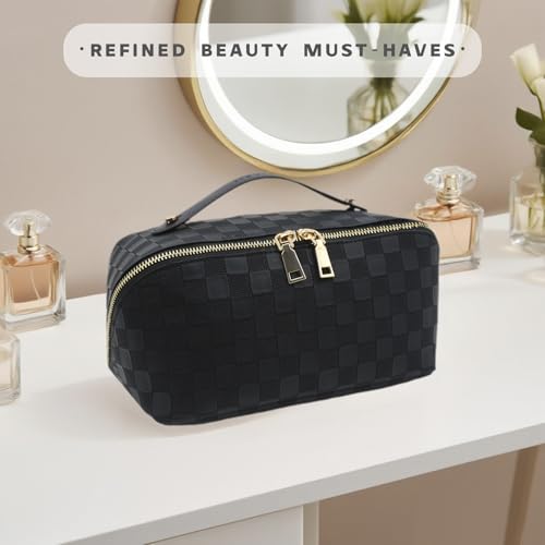 Travel Makeup Bag – Large Cosmetic Organizer with Waterproof PU Leather, Smooth Double Zipper & Tear-Resistant Lining, Toiletry Pouch for Women (Black) - color: 02-Black