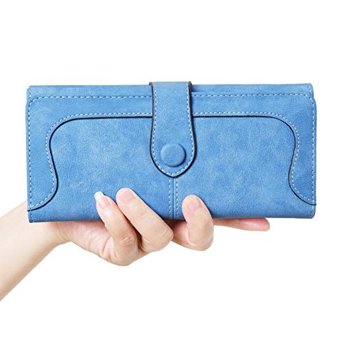Women's Vegan Leather 17 Card Slots Card Holder Long Big Bifold Wallet - color: Light Blue