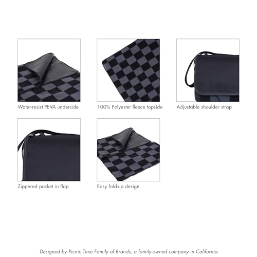 Picnic TIME Outdoor Picnic Blanket Tote, 59"x51" Foldable Beach & Camping Blanket with Soft Fleece, Water-Resistant Bottom, Adjustable Strap & Zippered Pocket (Black Checkers) - color: Black Checkers