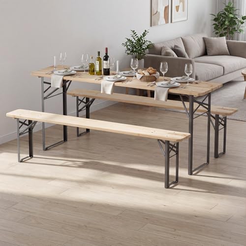 Tangkula 3 Piece Folding Picnic Table with 2 Benches, Foldable Wood Picnic Table Bench Set with Heavy-Duty Metal Frame for 6, Space-Saving Outside Table and Bench Set for Backyard, Patio, Garden