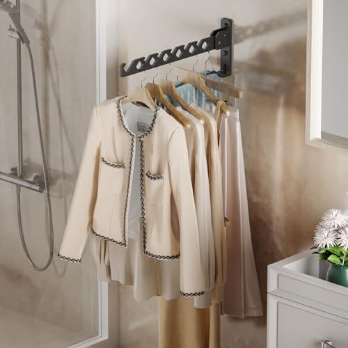 Dr.DJ Wall Mount Coat Hanger Holder Black Clothes Drying Organizer Rack Garment Hooks Aluminium Retractable Folding Indoor Wall Mounted Hanger for Laundry Room Bedroom Black 2Pack with 80cm Rod - color: Black 2Racks+Rod