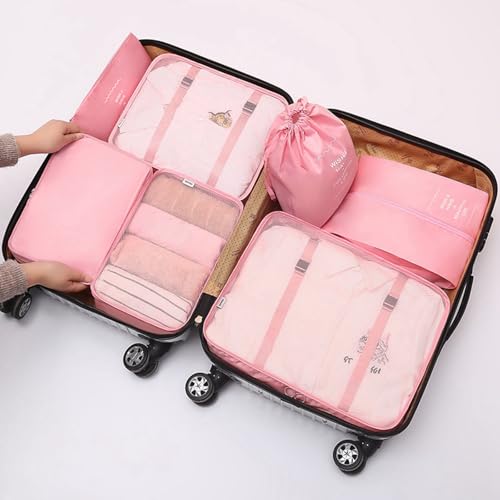 7 Set Packing Cubes for Suitcases Travel Luggage Packing Organizers Travel Essentials Luggage Organizer for Tioletry Accessories Shoe Bag Tioletry Bag Laundry Bag (Pink, 7 Set)