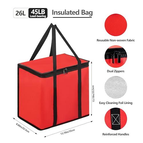 Reusable 6 Cup Drink Carrier with Handle and Insulated Food Delivery Bag, Portable Plastic Cup Caddy, 26L Grocery Cooler Box for Car Delivery, Travel, Picnic - color: Red