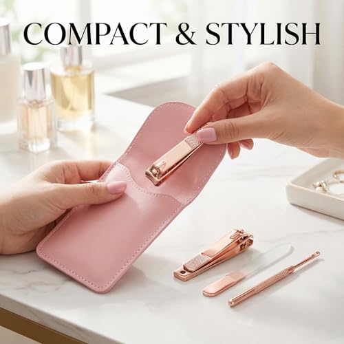 Nail Clippers for Women, 4pcs Rose Gold Professional Stainless Steel Nail Clipper Set with Portable Mini Nail Care Tools for Daily Fingernail Grooming and Travel Manicure Set