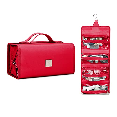 ROYALFAIR Roll Up Makeup Bag, Travel Toiletry Bag for Women with 4 Clear TSA Approved Pouches, Hanging Travel Organizer, Folding Cosmetic Bag for Men and Women - color: Red