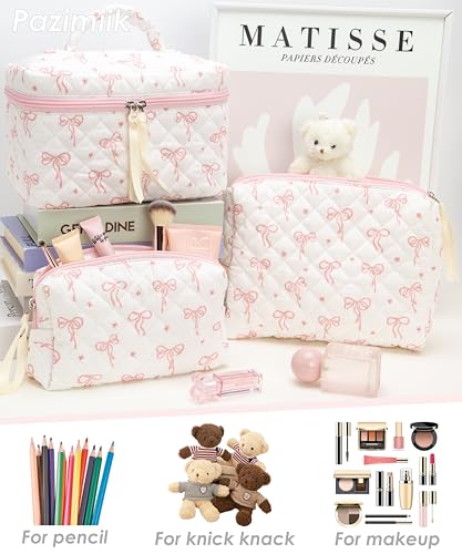 3PCS Makeup Bag SET Large Travel Quilted Zipper Soft Cosmetic Case Pouch for Women Girls Make Up,Bow Pink - color: Bow Pink, size: 3 PCS SET