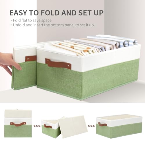 3 Pack Large Capacity Storage Bins Closet Organizer for Shelves, Fabric Closet Storage Baskets Boxes with Leather Handles for Organizing Clothes, Sheets, Jeans, Toys, Books (Green) - style: 3 Pack Green & White