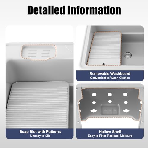 Utility Sink Laundry Tub with Washboard, Freestanding Plastic Laundry Sink with Cold & Hot Water Faucet, Indoor Outdoor Utility Sink for Laundry Room, Garage, Garden (25.6x21.65x31.5 Inch) - color: Gray, 25.6 x 21.7 x 31.5in