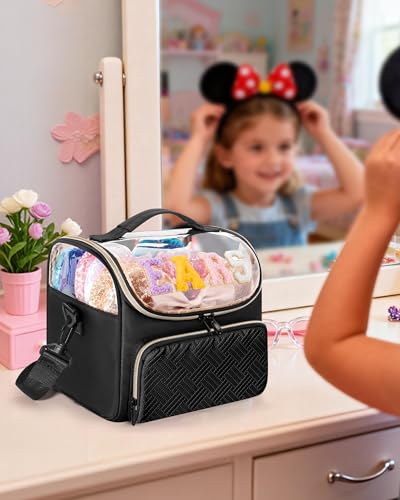 Mouse Ears Travel Case with Detachable Divider, Headband Holder Organizer Bag with Shoulder Strap, Chenille Letter Hair Accessories Storage Box, Black with Gold Zipper - color: Black-Gold Zipper