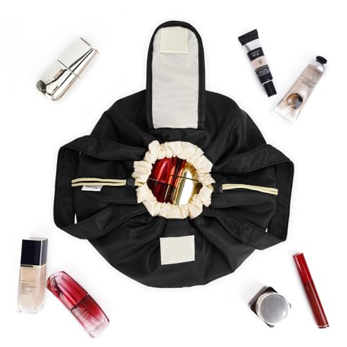 Narwey Lay Flat Open Drawstring Makeup Bag, Large Cosmetic Bag for Women Girls, Cute Make up Bags with Handle, Portable Travel Toiletry Bag for Skincare, Brushes & Travel Essentials (Black) - color: A-Black