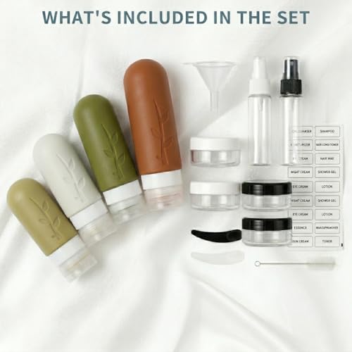 DEPOZA Travel Bottles Kit (16 Pack) - TSA Approved, Leak Proof Silicone Squeezable Containers for Toiletries. Complete Set with Jars, Sprayers & Bag (Earthy brown) - color: Earthy brown