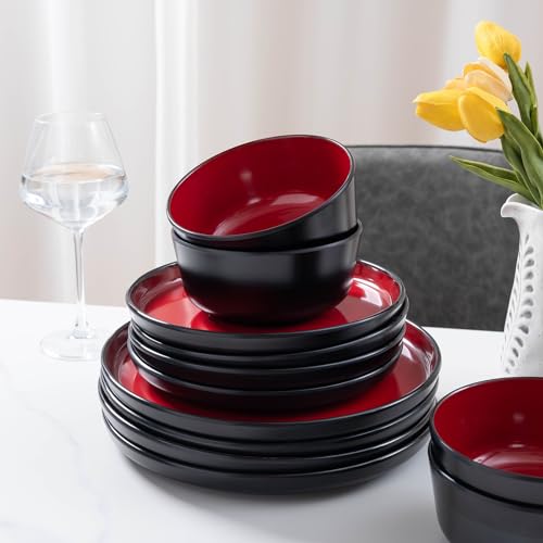 12-piece Dinnerware Sets Service for 4 - Dinner Plate, Dessert Plates, Cereal Bowls, Lightweight Melamine Plates and Bowls Sets, RV, Kitchen Dishes for Outdoor Use, Red and Black - color: Black and Red