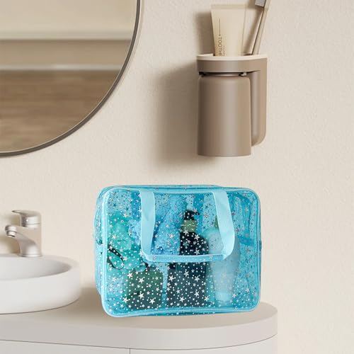 Holographic Star Large Light Blue Makeup Cosmetic Organizer Bag and Travel Pouch with Handle,Durable Material,Zipper Design-Ideal for Makeup,Travel Essentials (Blue) - color: Blue