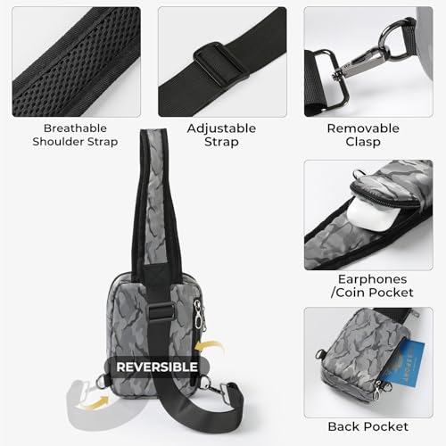 BROADREAM Sling Bag, Crossbody Bag with Anti-Theft Lock Zipper, RFID Blocking & Water Resistant for Travel Work Sport - color: Camouflage Gray