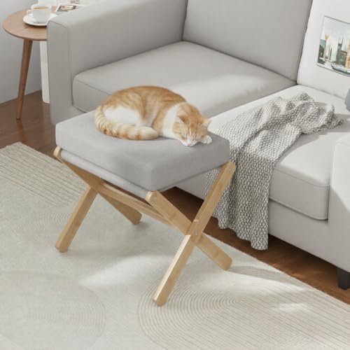 BAMBOOHOMIE Foldable Foot Stool Ottoman, Modern Foot Rest with Bamboo X Legs & Thick Foam Cushion, Folding Foot Stools Small Padded for Bedroom Living Room, Footstool for Chair Couch (Natural - Grey) - color: Natural - Grey