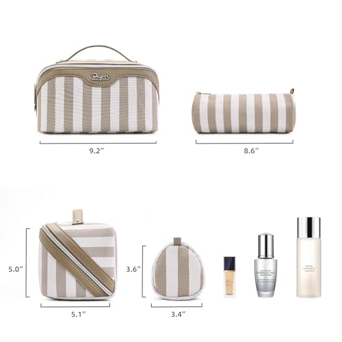 BOYATU Travel Makeup Bag Cosmetic Bag for Women: 3 Pcs Set Striped Make up Bag with Compartment - Waterproof Vegan Leather Toiletry Bag with Handle - Makeup Organizer for Travel Essential(A-6-Apricot) - color: A-6-Apricot