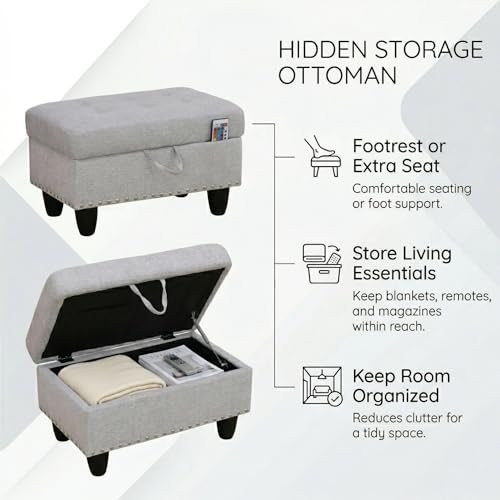 28.5 Inch Storage Ottoman Bench, Upholstered Ottoman with Hidden Storagefor Bedroom Living Room, End of Bed Foot Rest Stool, Light Gray - color: Light Gray