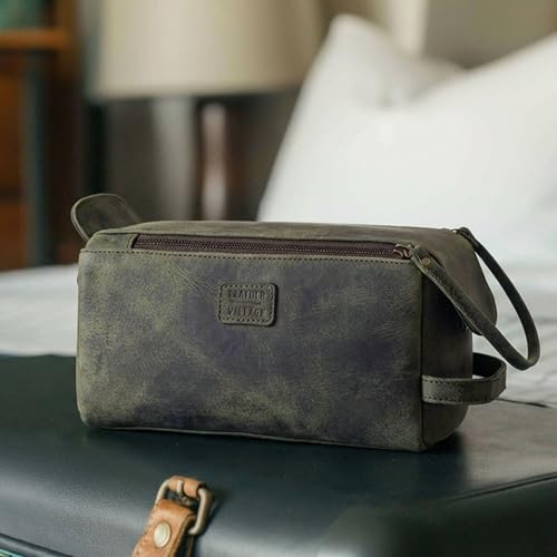 LEATHER VILLAGE Genuine Leather Travel Toiletry Bag - Water-Resistant Dopp Kit for Toiletries, Large Shaving Bag & Bathroom Organizer - Gift for Men & Women - Olive - color: Olive
