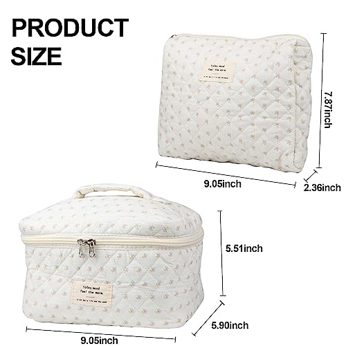 NATINSA Cute Makeup Bag for Women(2 Pcs), Travel Cosmetic Bags, Quilted Coquette Aesthetic Floral Toiletry Organizer Bag (Little Flower) - color: Little Flower