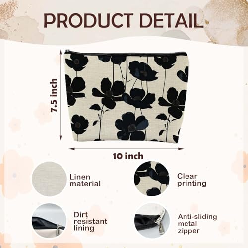 Boho Black and Beige Floral Makeup Cosmetic Bag for Women, Black and White Modern Botanical Flower Aesthetic Portable Travel Toiletry Bag Zipper Makeup Pouch - color: Flower four