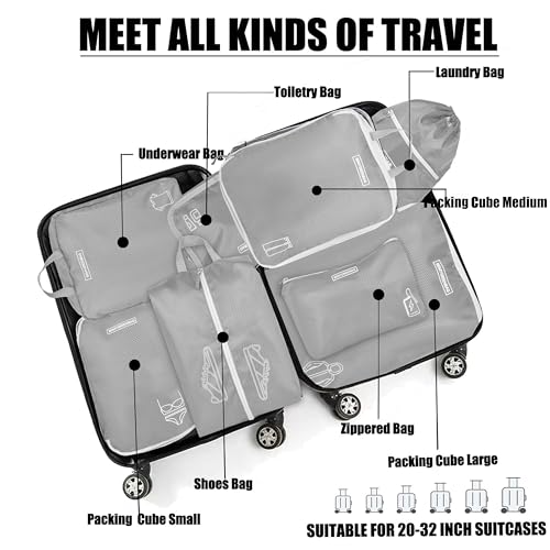 8 Set Expandable Compression Packing Cubes for Suitcases Travel Essentials Carry On Waterproof Storage Bag With Dry And Wet Separation Grey - color: Grey
