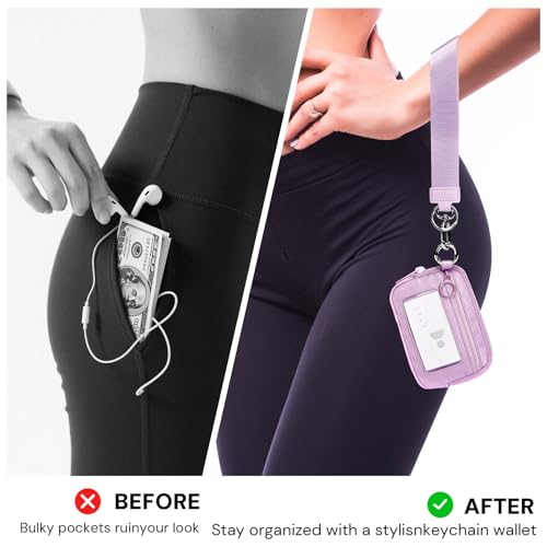 Keychain Wallet for Women Mini Zip Card Holder with ID Window Coin Purse Detachable Wristlet Small Wallets Light Purple - color: Light Purple
