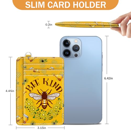 Yonlevres Credit Card Holder Slim Wallet, Bee RFID Wallet Women Front Pocket Small Card Holder, Travel Cute Funny Thin Card Case ID Window PU Leather RFID Blocking Card Organizer Gifts Girls Ladies - color: Bee