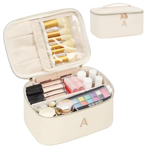OCHEAL Personalized Makeup Bag, Beige Make up Bag for Women, Monogrammed Travel Toiletry Kit, Gift-Ready Cosmetic Organizer for Christmas Birthday & Stocking Stuffers A - color: Beige, style: A