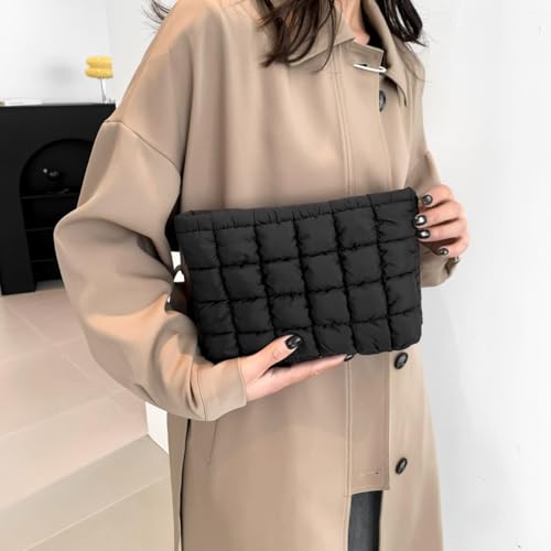 Puffy Quilted Makeup Bag for Women, Cosmetic Bag, Travel Toiletry Organizer Pouch Clutch (black) - color: black