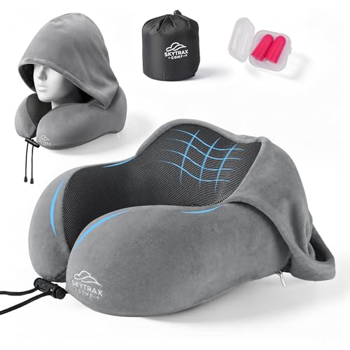 SkytraxComf® Travel Neck Pillow with Hood for Privacy on Long Flights | Memory Foam | Airplane Sleep | Safety-Tested Materials | Extra Large Hood | Chin Support | Earplugs | Washable Cover - color: Light Grey