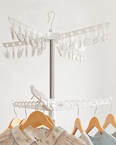 SONGMICS 2-Tier Clothes Drying Rack, 72-Inch Folding Laundry Drying Rack with 3 Rotatable Arms for Hangers, 24 Clips, Stainless Steel, for 27 Pieces of Clothes, White and Silver ULLR512W01 - color: White + Silver, style: 2-Tier-Clip