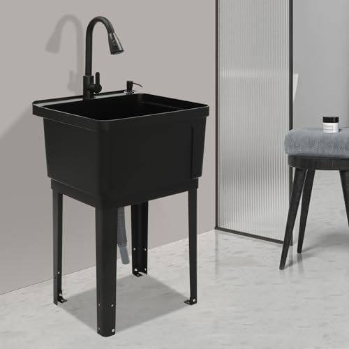 Utility Sink Extra-Deep Laundry Tub, Utility Sink Laundry Tub with 360° Rotatable High Faucet, Heavy Duty Floor Mounted Freestanding Wash Station for Restaurants, Laundries, Stores (Black) - color: Black, 19.7 x 18.9 x 33.1in