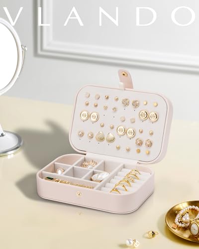 VLANDO Travel Jewelry Case, PU Leather Travel Jewelry Box with Earring Holder, Portable Display Small Jewelry Box for Mothers Day Women Girls Gift - Pink - color: B.Pink