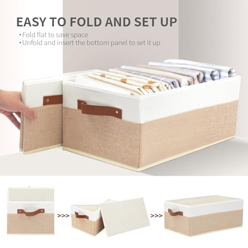 Closet Organizer Bins 3 Pack, Large Storage Bins for Shelves, Foldable Closet Storage Boxes Baskets with Leather Handles for Organizing Clothes, Sheets, Jeans, Toys, Books(Begie) - style: 3 Pack Begie & White