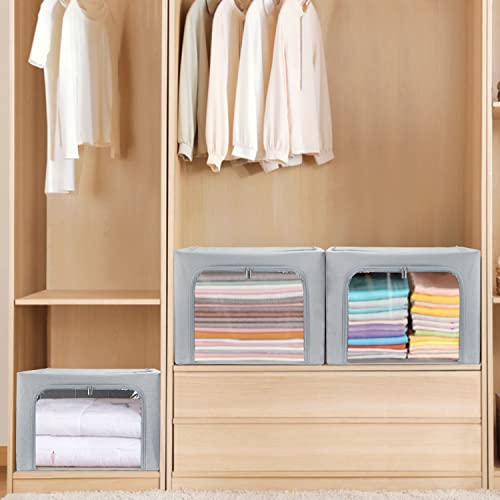 Clothes Storage Box Bins Stackable Foldable Organizer,Sturdy Handles with Metal Frame for Clothing Bedding Shelves,Closet Container with Clear Window Zipper and Label Holder (Gray, 66L x3 Pack) - color: Gray, 66L x3 Pack