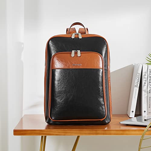 BOSTANTEN Leather Laptop Backpack for Women 15.6 inch Computer Bag Travel Work Daypack - color: 1-black&brown