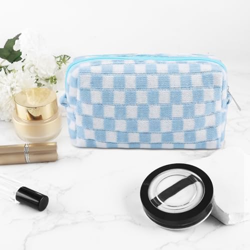 ZLFSRQ 6Pcs Checkered Pencil Case Cute Pencil Pouch for Teens Checkered Makeup Bag Blue Medium Travel Cosmetic Bag Makeup Pouch for Purse Aesthetic Trendy Zipper Toiletry Bags Organizer - color: Checkered 6Pcs M Blue