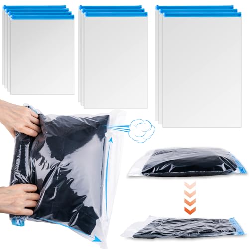 10 PCS Compression Bags for Travel Essentials, 3 Sizes Space Saver Bags, No Vacuum or Pump Needed, Roll Up Vacuum Packing for Clothing Storage, Cruise Accessories, Luggage & Home Organizers