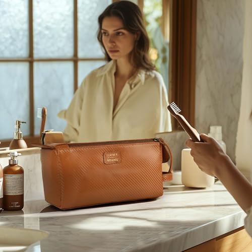 LEATHER VILLAGE Genuine Carbon Fiber Genuine Leather Travel Toiletry Bag - Large Dopp Kit, Water-Resistance Bathroom Kit & Shaving Organizer for Men & Women - Tan - color: Carbon Tan