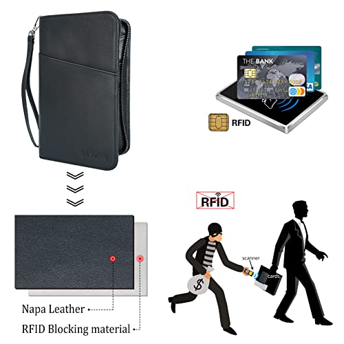 Polare Full Grain Leather Passport Holder Cover Case for Men and Women RFID Blocking Family Travel Wallet Holds 6 Passports - color: Black