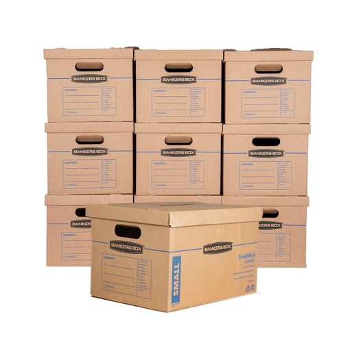 Bankers Box Small Classic Moving Box 10 Pack, Reinforced Handles, Tape-Free Assembly, Box with Lid, 15" x 12" x 10", Cardboard - size: Small, 10 Count (Pack of 1)