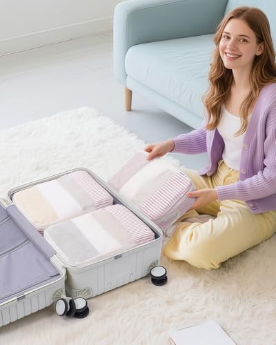 Narwey 6 Set Compression Packing Cubes for Travel Women Men, Travel Cubes for Carry On Suitcase, Durable Compression Luggage Organizer Bags - color: ZY-Dusty Pink Stripe