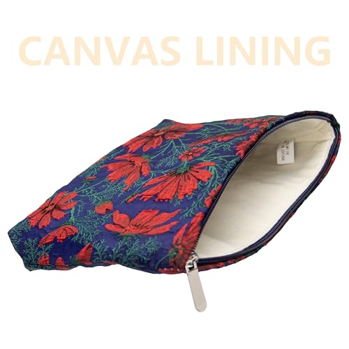 PAZIMIIK Makeup Bag Large Cotton Zipper Pouch for Purse Travel Canvas Make Up Organizer for Women Cosmetic,Brocade Navy Blue - color: Brocade Navy Blue